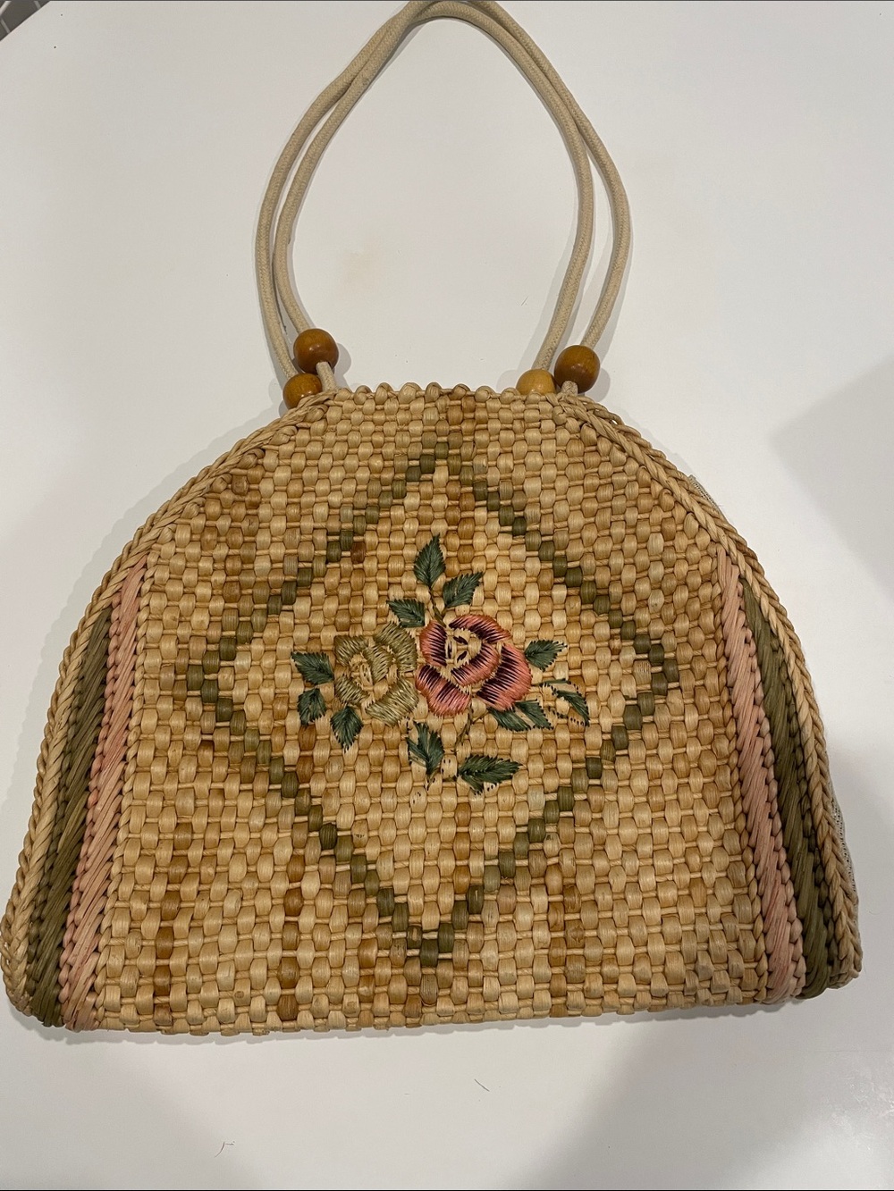 Woven Straw Floral Embroidered Tote Bag - Natural with Pink & Green